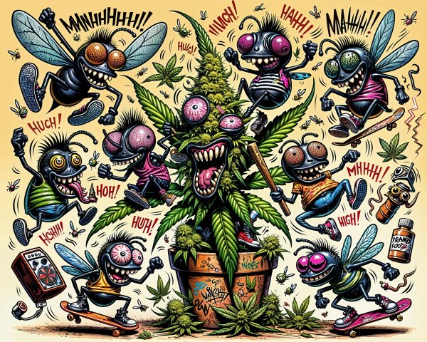 Playful Flies Celebrate Around Cannabis Plant Scene