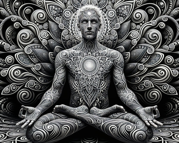 Meditative Figure with Floral Patterns in Black and White