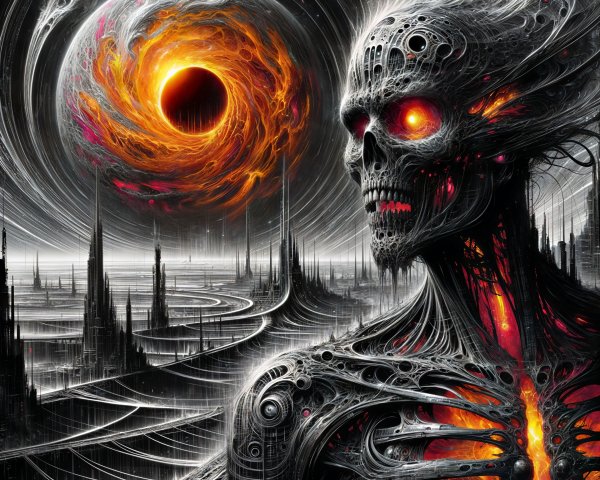 Surreal Landscape with Skeletal Machinery and Black Hole