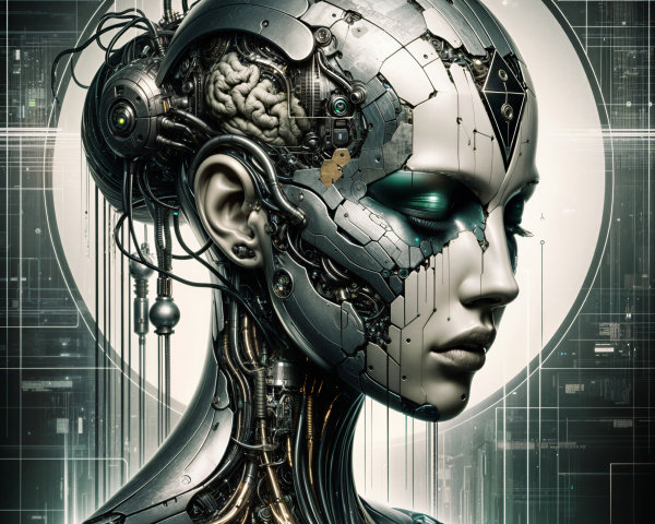 Futuristic humanoid robot with transparent head and circuitry
