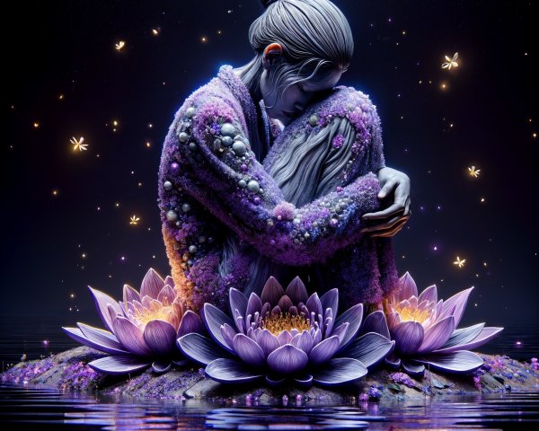 Serene sculpture of embracing figures with floral patterns
