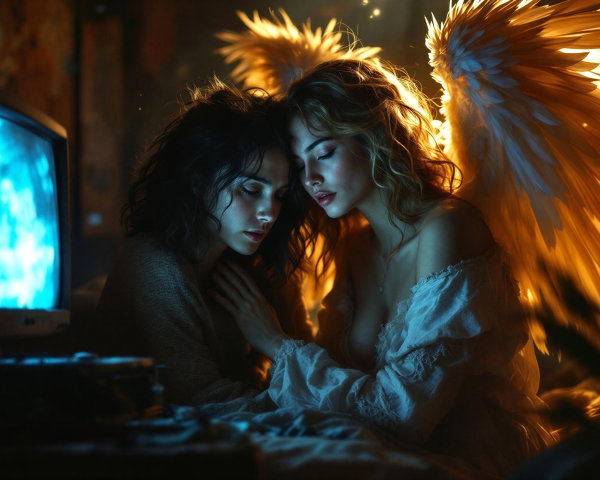 Women with Angelic Wings in Intimate Setting