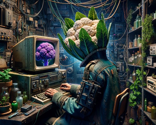 Retro-Futuristic Workspace with Cauliflower Head Figure