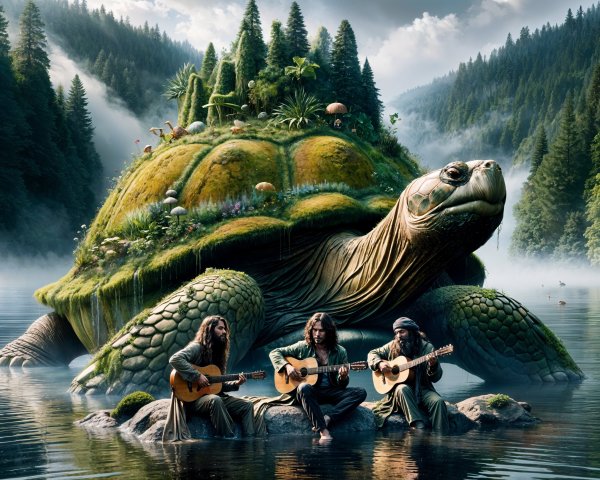 Giant turtle with musicians in a tranquil landscape