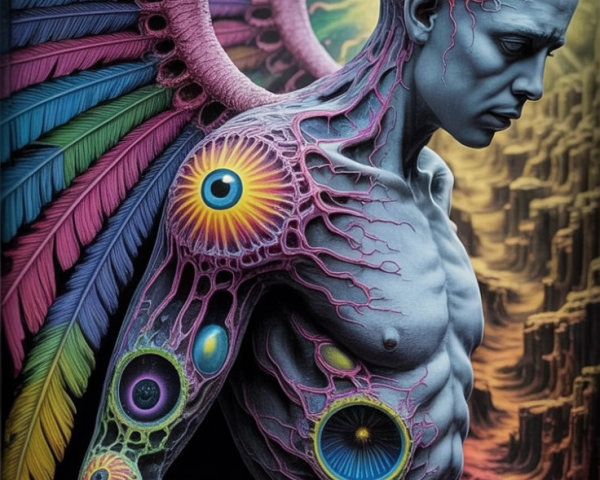 Surreal Humanoid Figure with Colorful Patterns and Wings