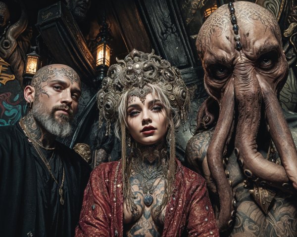 Tattooed Individuals in Dark Gothic Setting