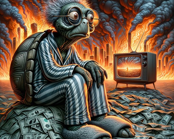 Turtle in Pajamas Surrounded by Money and Flames