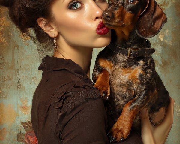 Woman with Styled Hair and Dachshund in Floral Setting