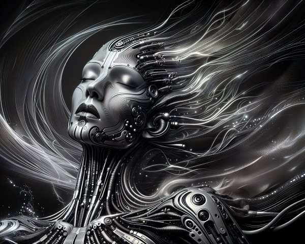 Futuristic Figure Merging Human and Machine Elements