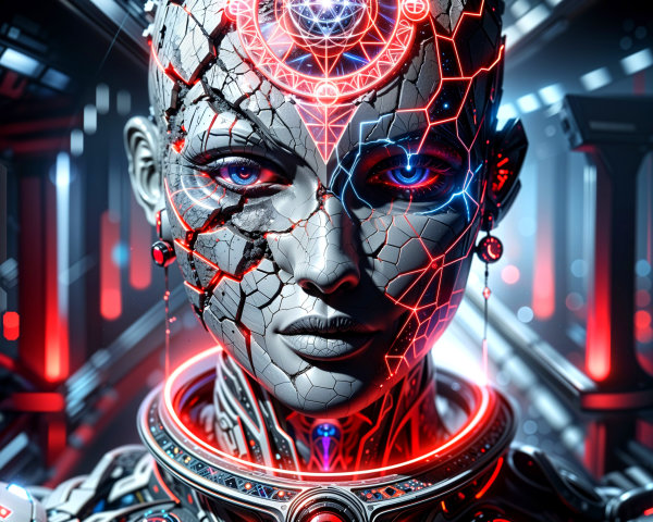Futuristic humanoid robot with cracked metallic surface