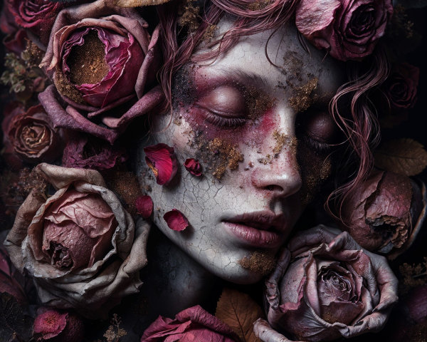 Portrait of a figure surrounded by wilted roses and petals