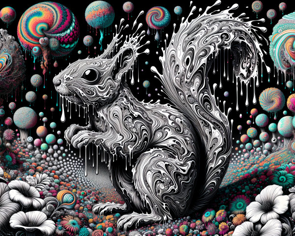 Whimsical Black-and-White Squirrel in Colorful Landscape