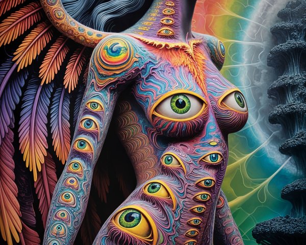 Surreal Figure with Vibrant Eyes and Feathered Wings