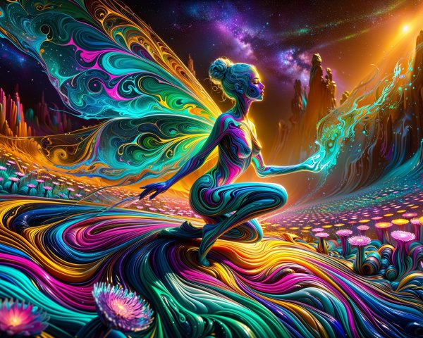 Ethereal figure with butterfly wings in a cosmic landscape