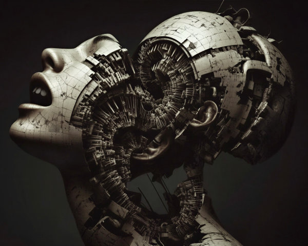 Surreal Futuristic Humanoid Head Sculpture Description