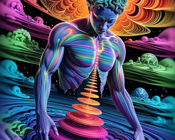 Colorful Male Figure with Cosmic Patterns and Background
