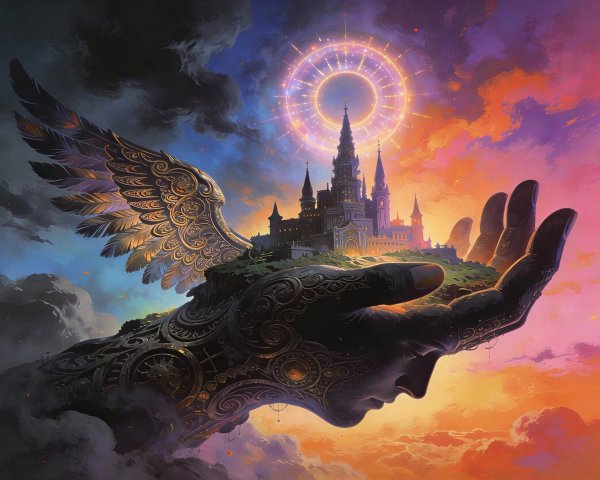 Colossal Hand Holding Medieval Castle in Fantasy Art