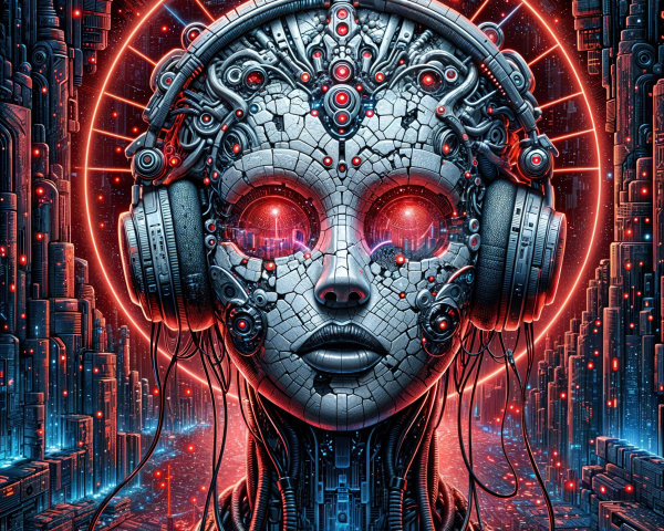 Futuristic humanoid figure with cybernetic features