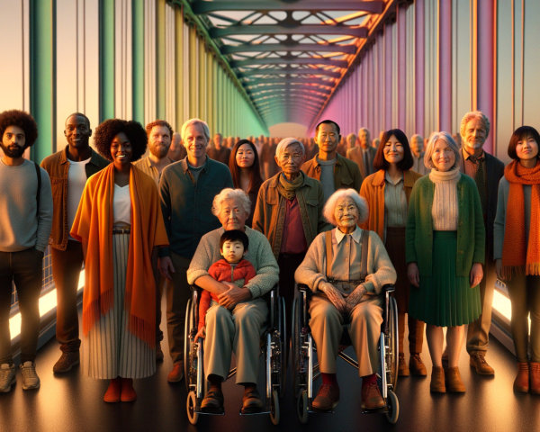 Diverse Group on Bridge at Sunset Showcasing Unity