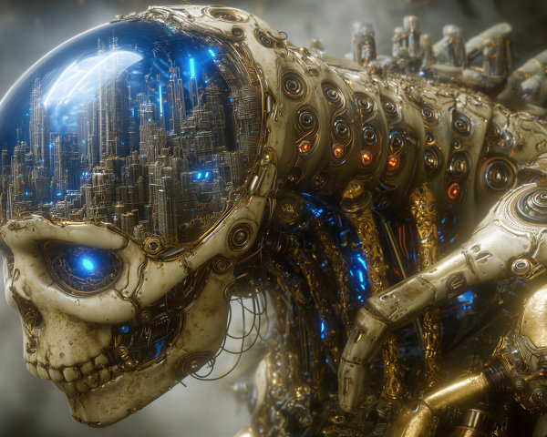 Futuristic robotic skull with detailed cityscape inside