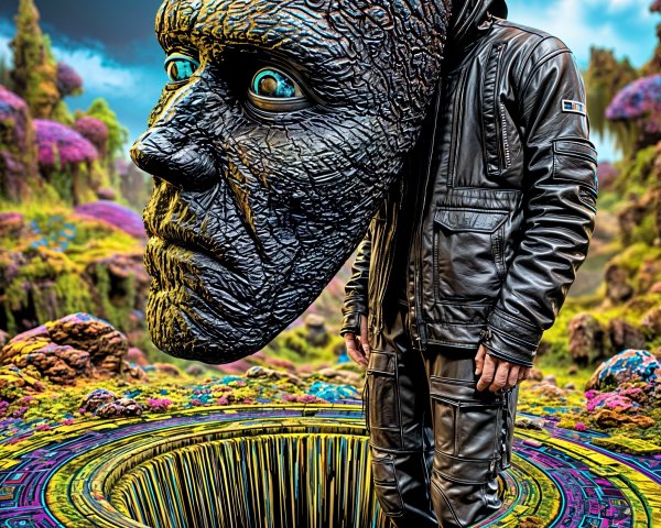 Surreal Landscape with Geometric Pit and Floating Head