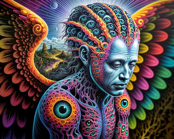 Surreal figure with iridescent skin and feathers