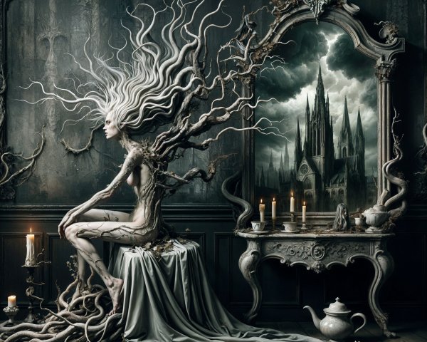 Surreal Figure Merging with Nature and Gothic Elements