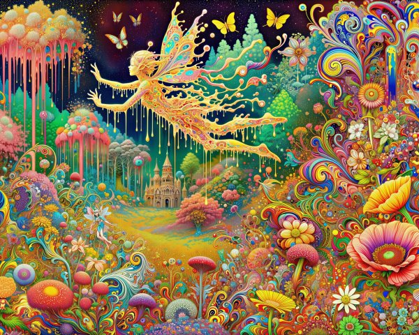 Vibrant Fantastical Landscape with Fairy and Castle