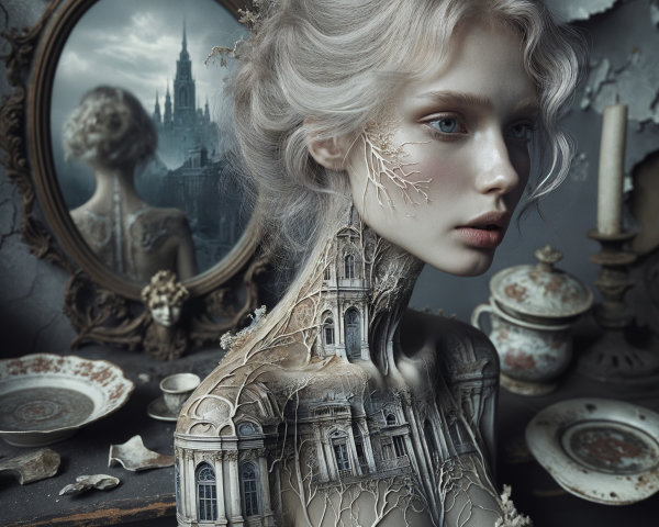 Surreal Portrait of Woman with Tree-Like Patterns