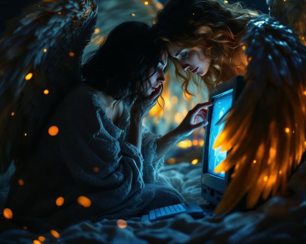 Angelic Figures in Dim Light with Shimmering Wings