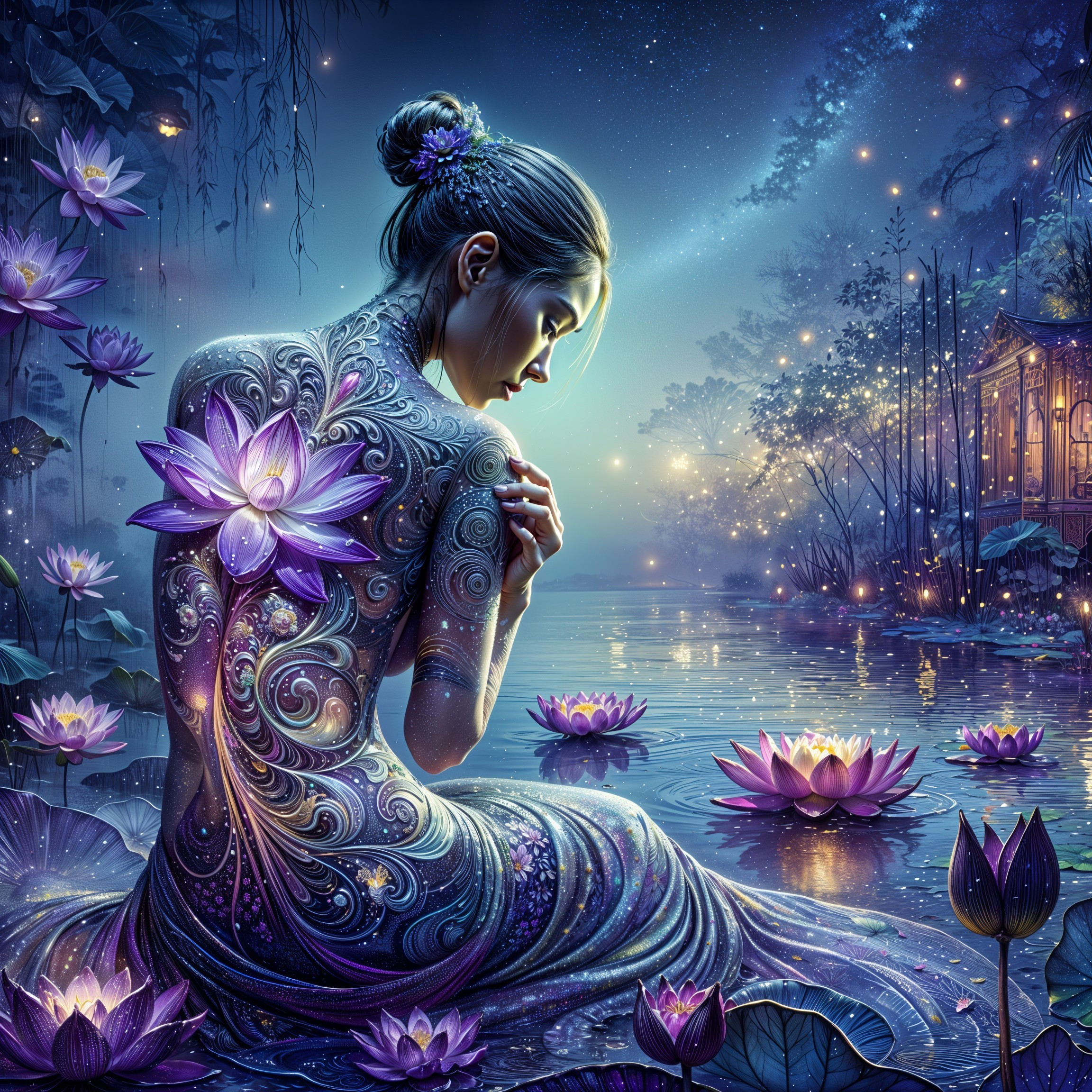 Ethereal Scene of Woman by Tranquil Water and Lotus