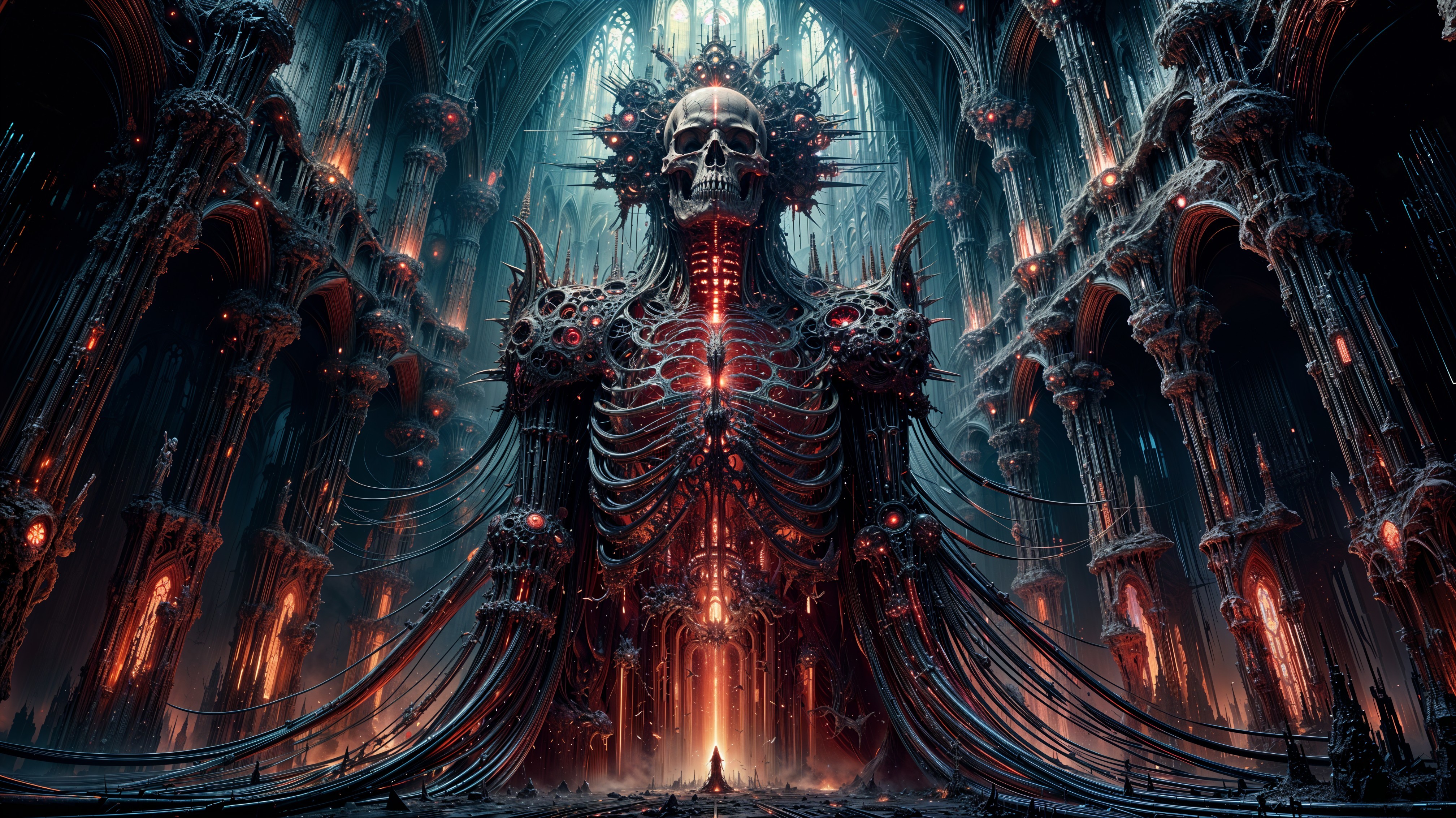 Gothic Cathedral Interior with Skeletal Figure and Shadows