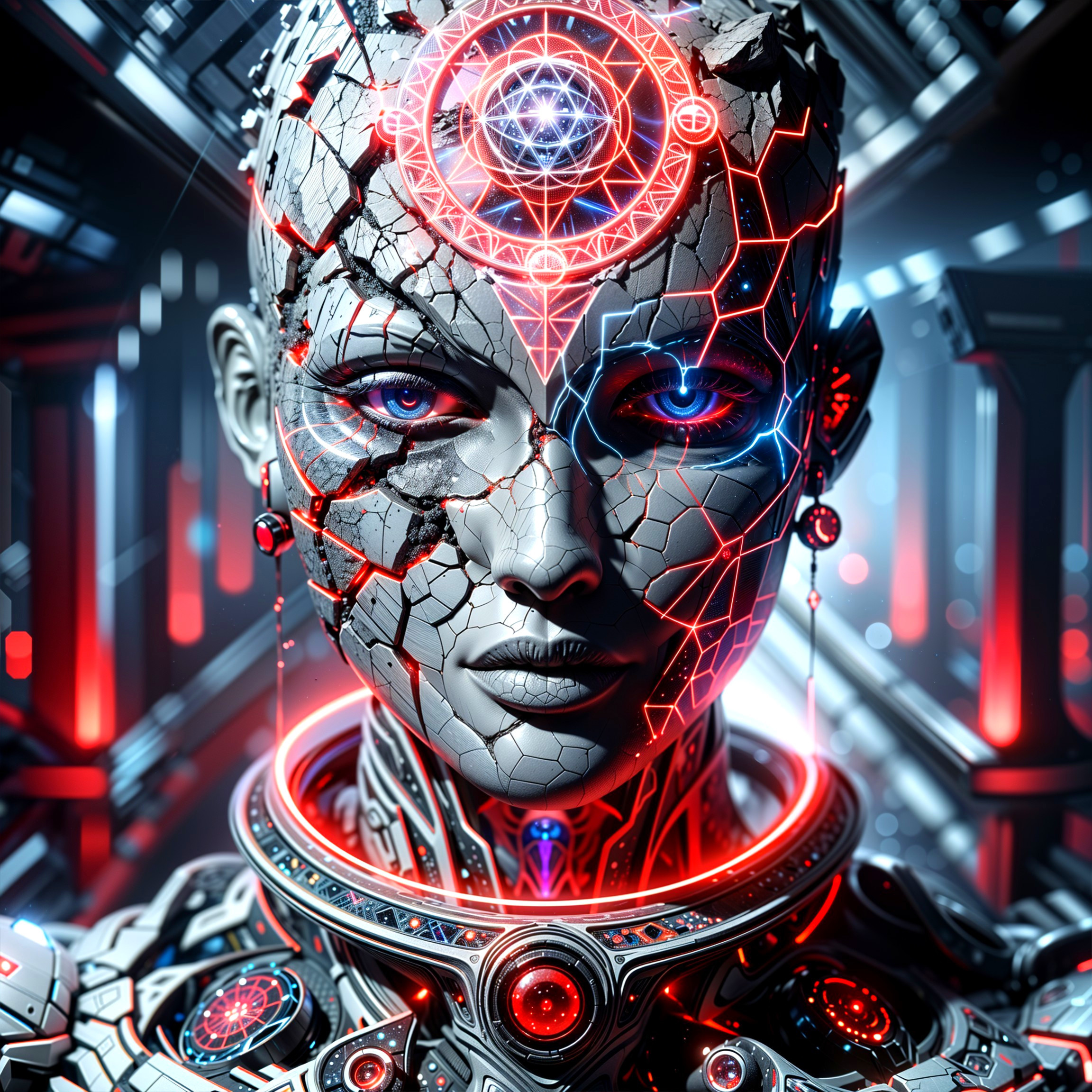 Futuristic humanoid robot with cracked metallic surface