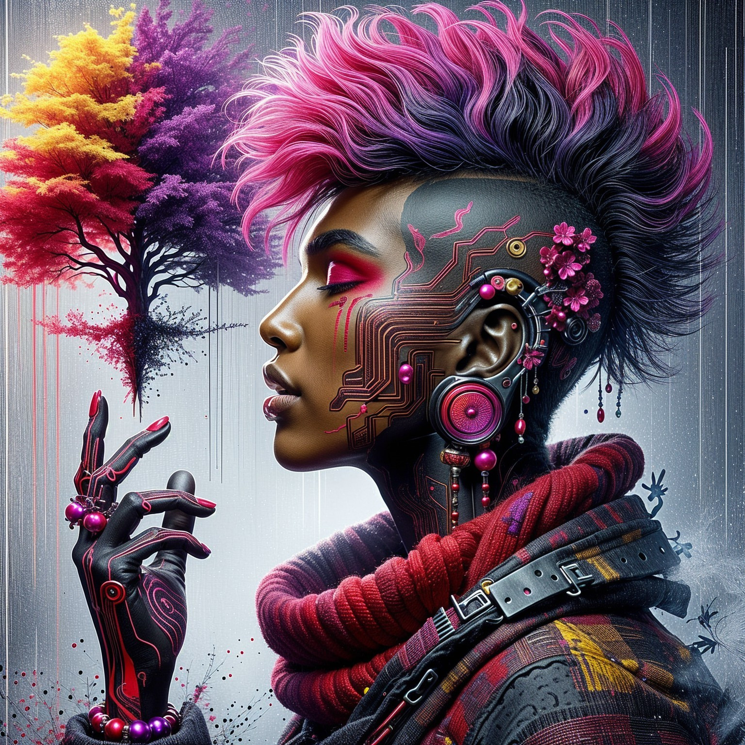 Futuristic Portrait with Vibrant Mohawk and Circuit Patterns