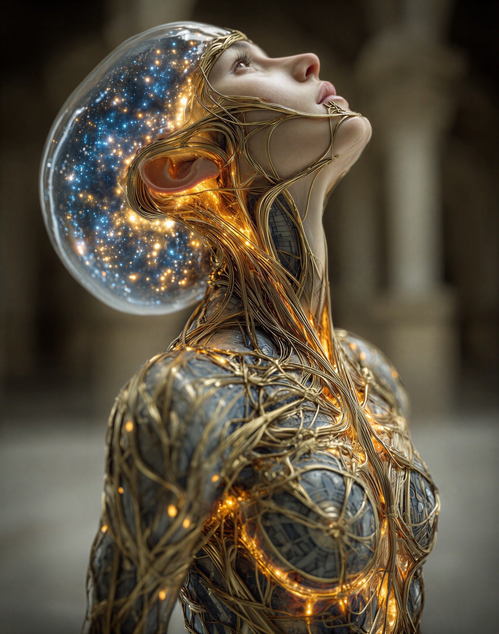 Futuristic Figure with Cosmic Head and Circuitry Body