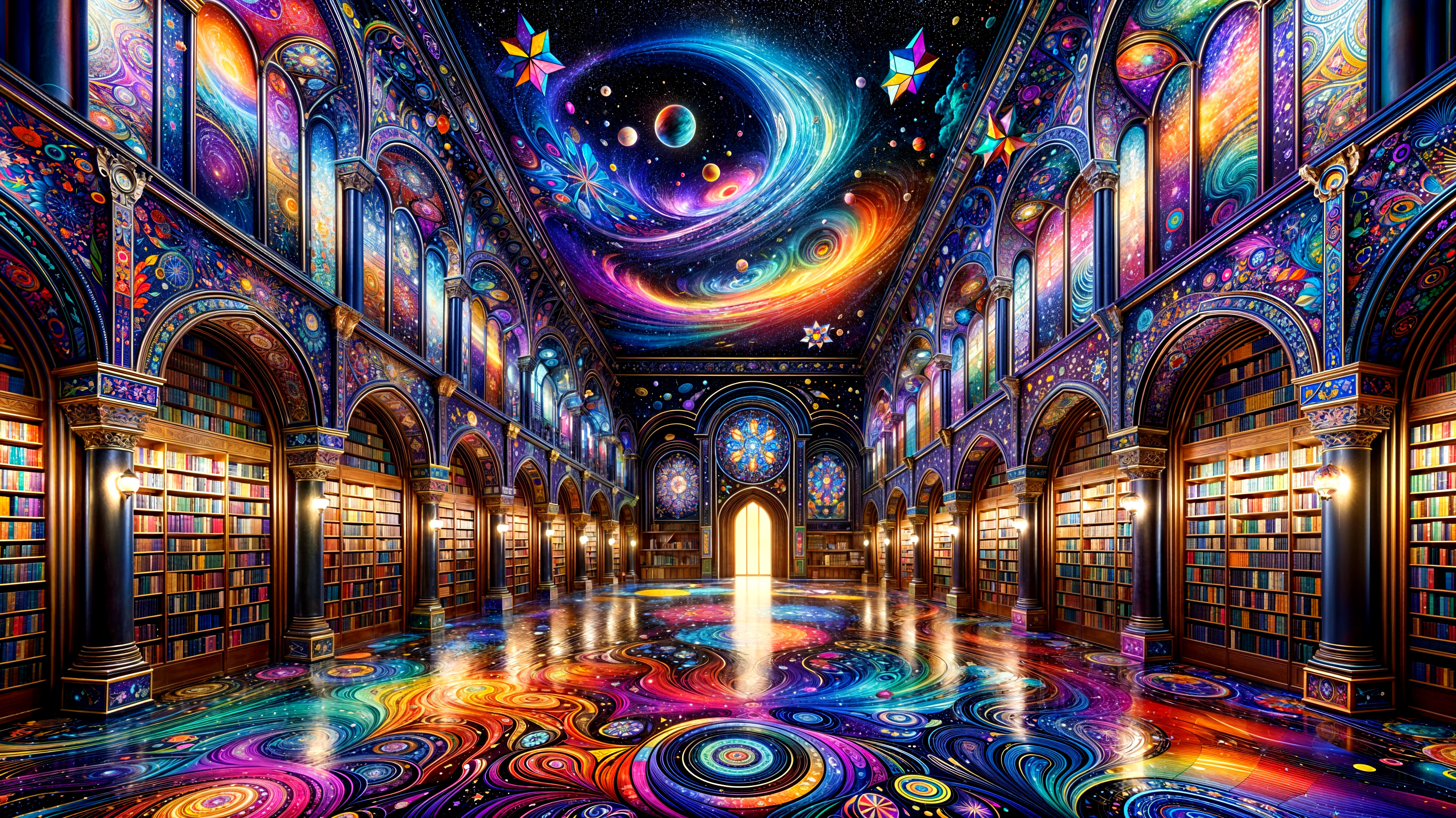 Vibrant Library with Cosmic Ceiling and Colorful Bookshelves