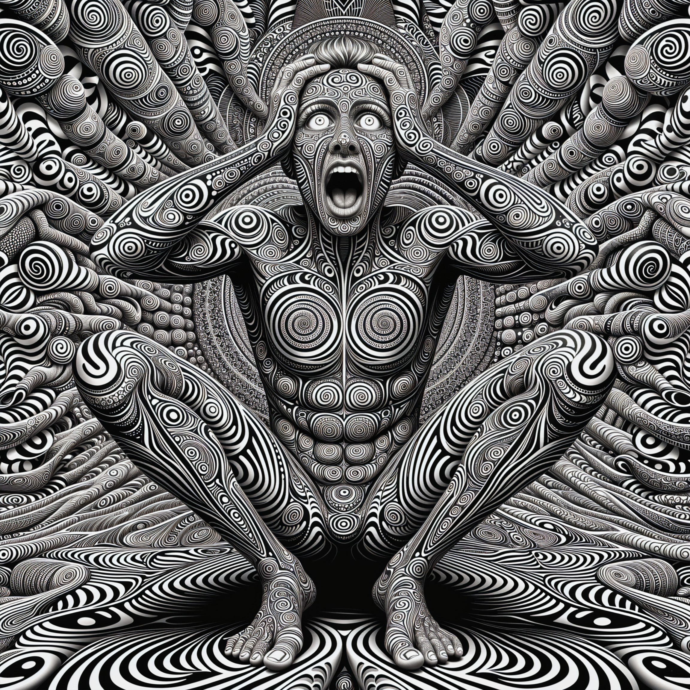 Figure in Distress with Spiral Patterns and Background