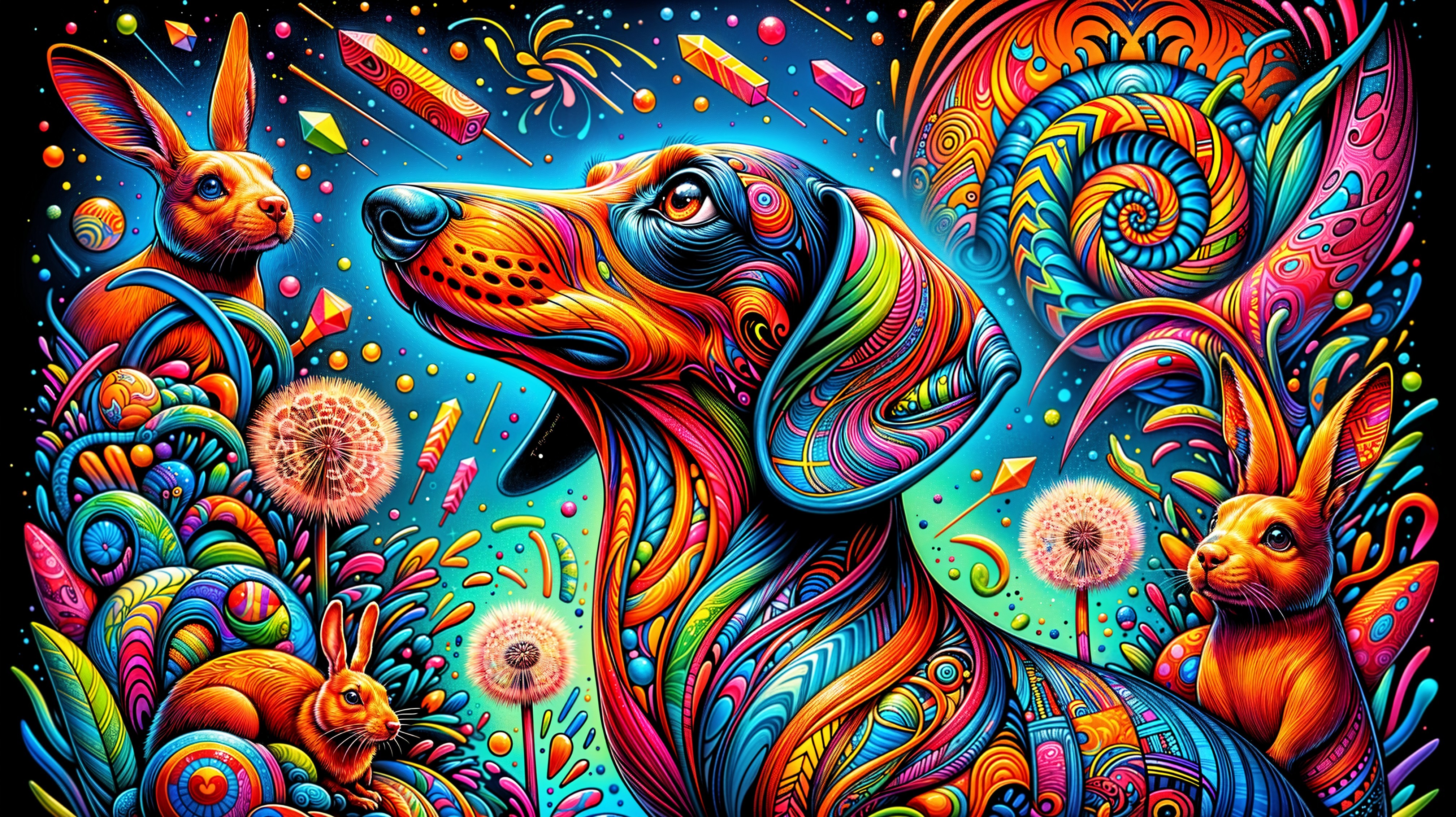Vibrant Psychedelic Illustration of Colorful Dog and Rabbits