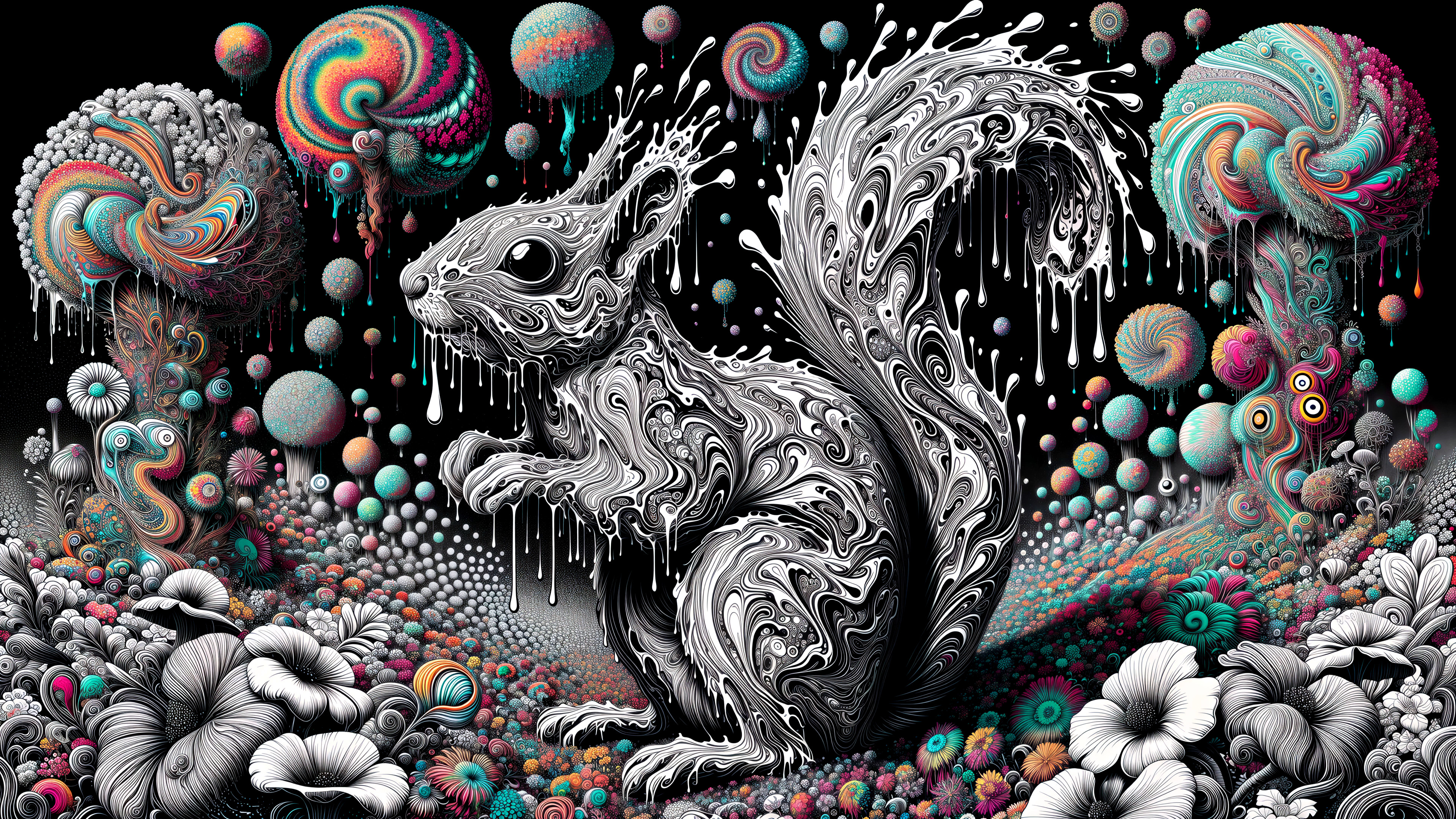 Whimsical Black-and-White Squirrel in Colorful Landscape