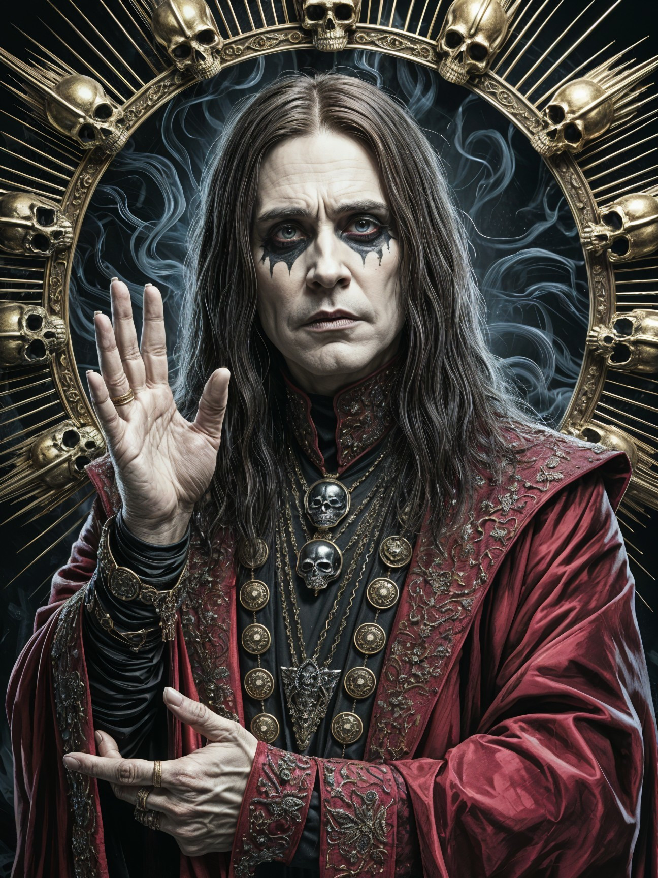 Dramatic figure in crimson robe with skull motifs