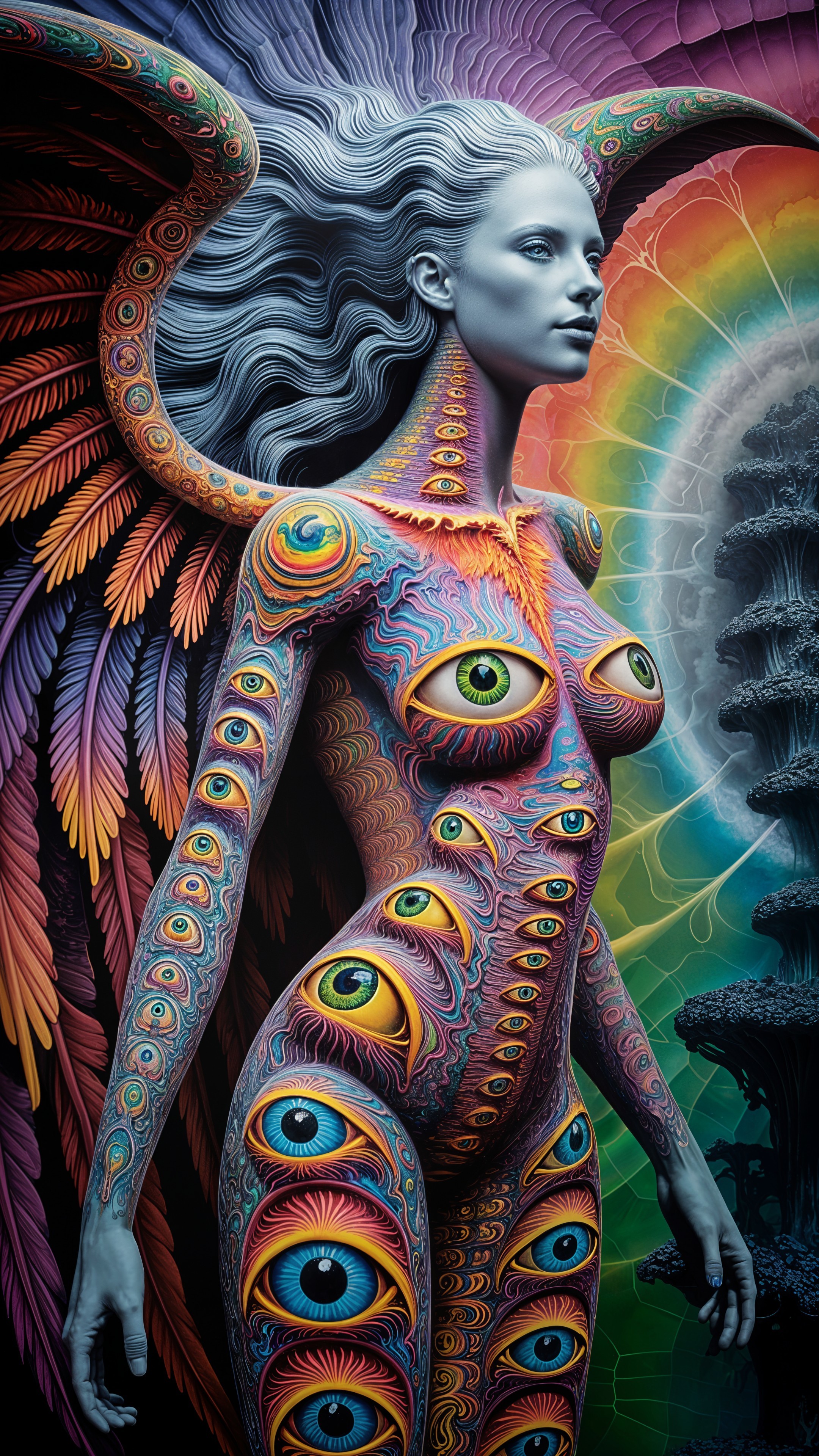 Surreal Figure with Vibrant Eyes and Feathered Wings