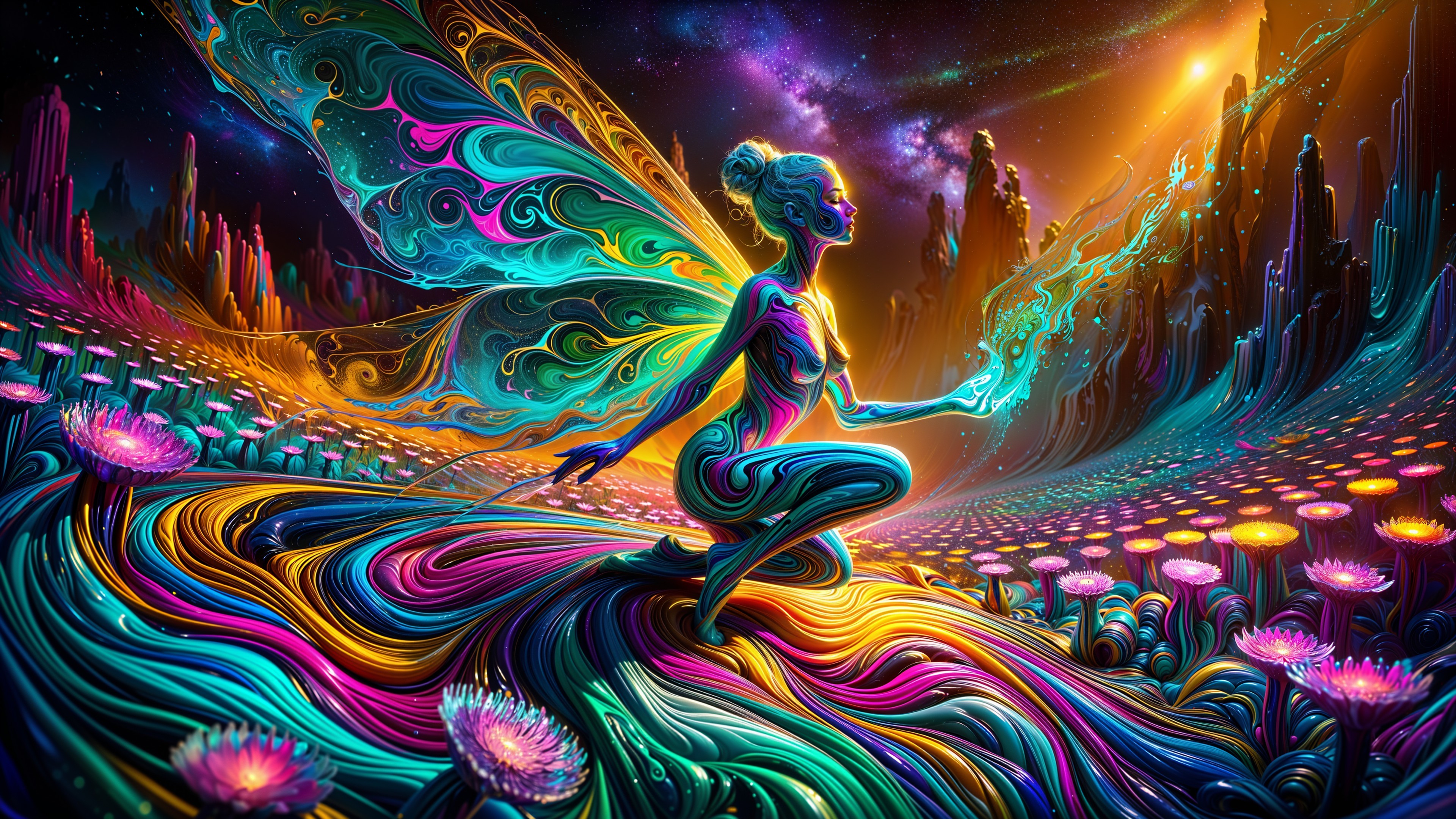 Ethereal figure with butterfly wings in a cosmic landscape