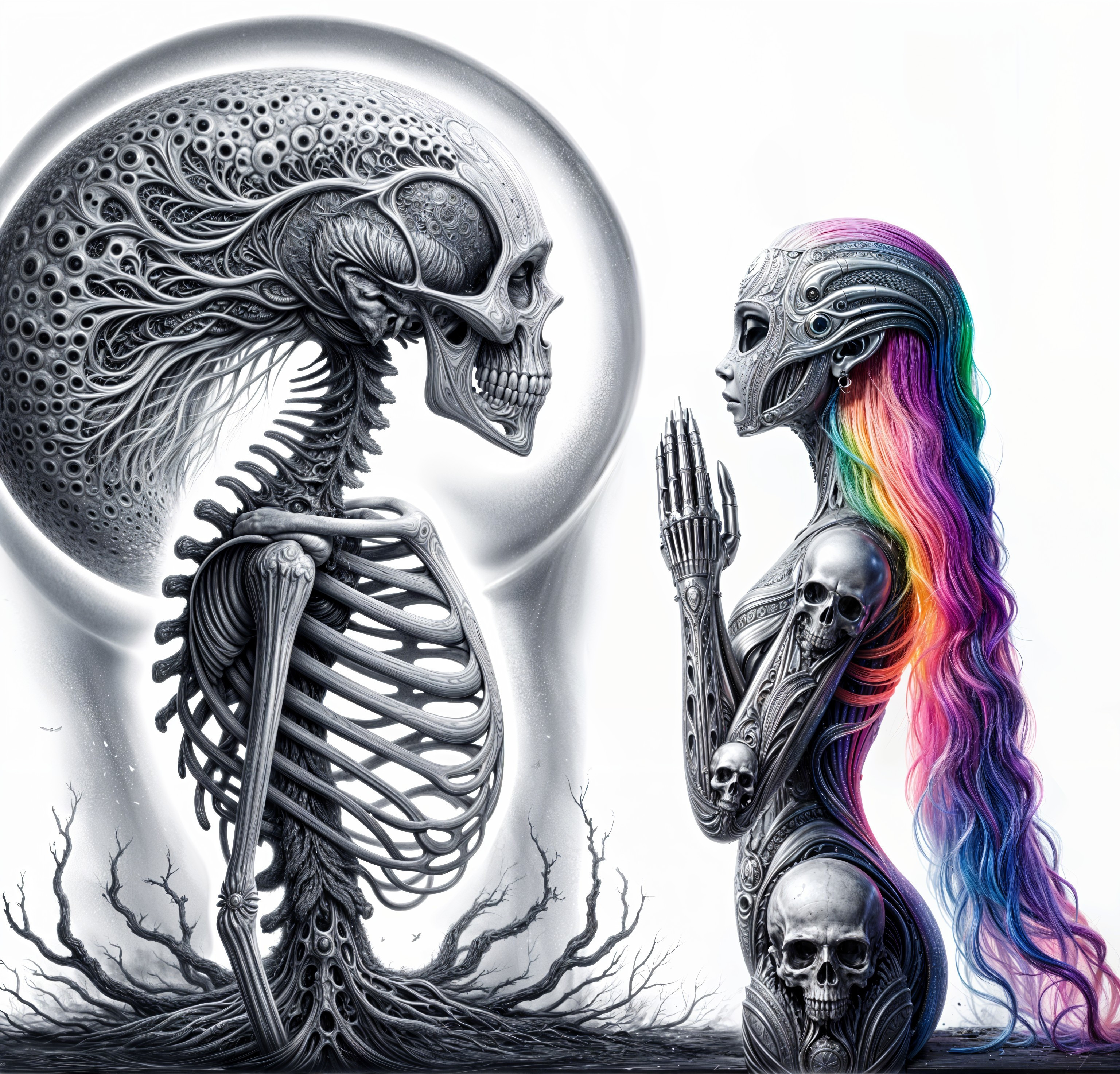 Surreal Scene of Skeletal and Humanoid Figures