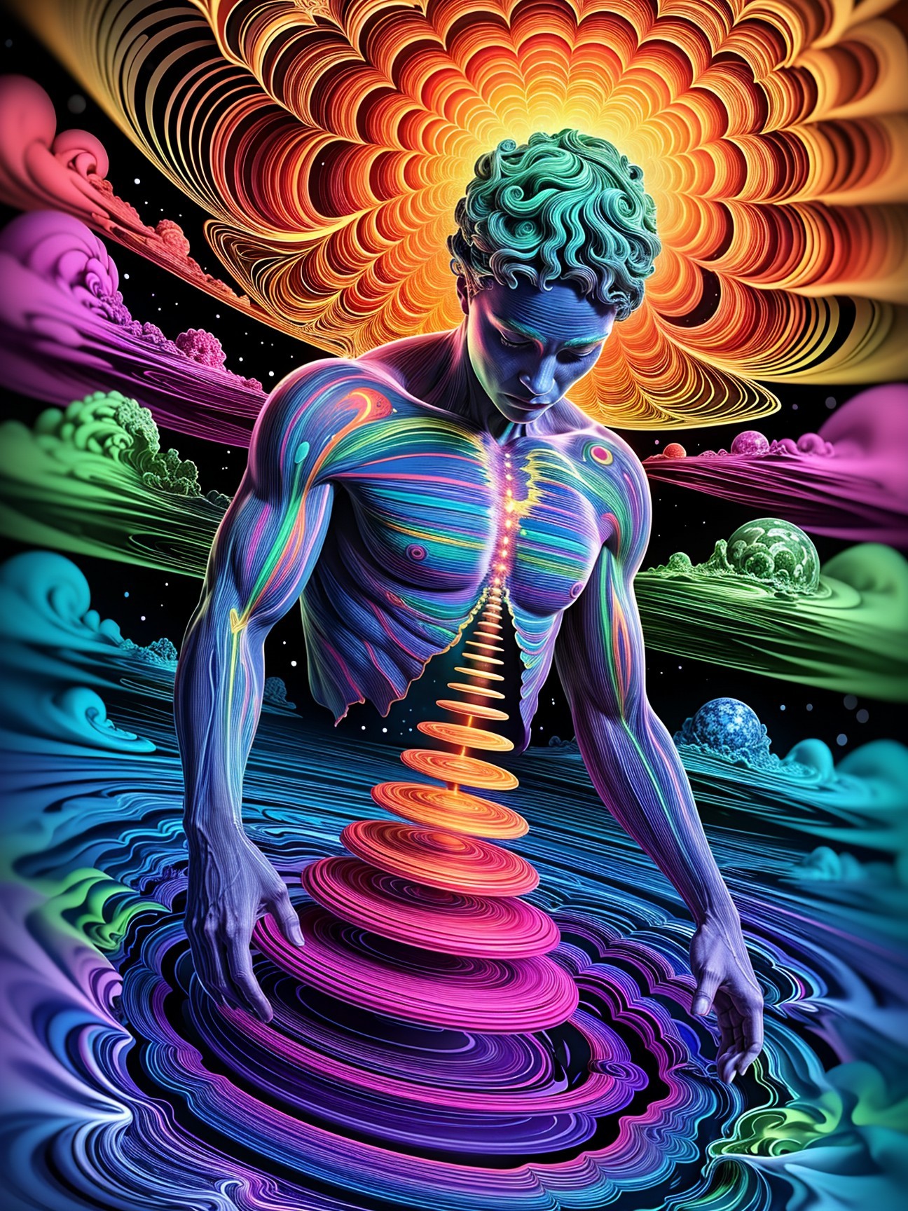 Colorful Male Figure with Cosmic Patterns and Background