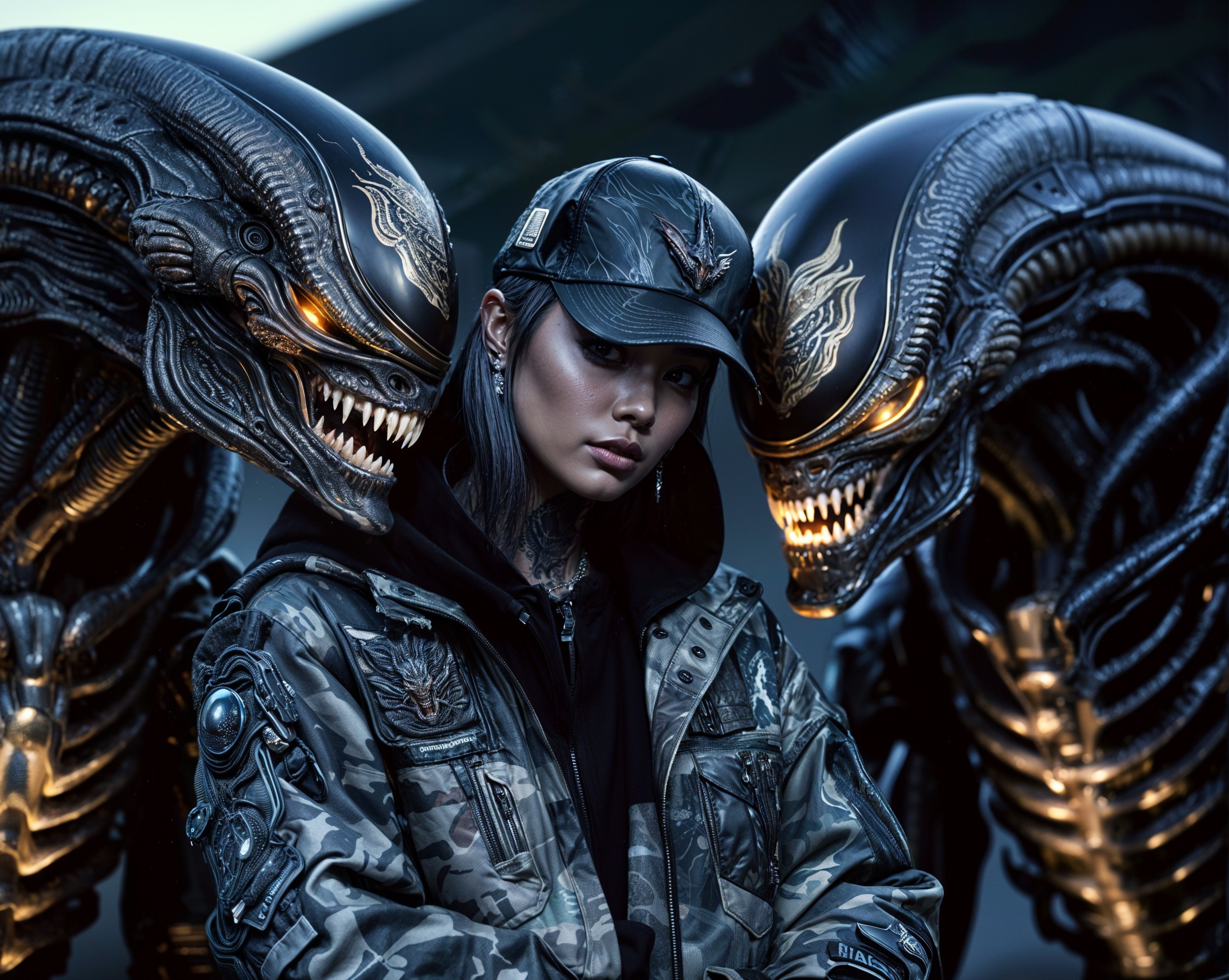 Person in Camo Jacket with Alien Creatures in Dark Scene