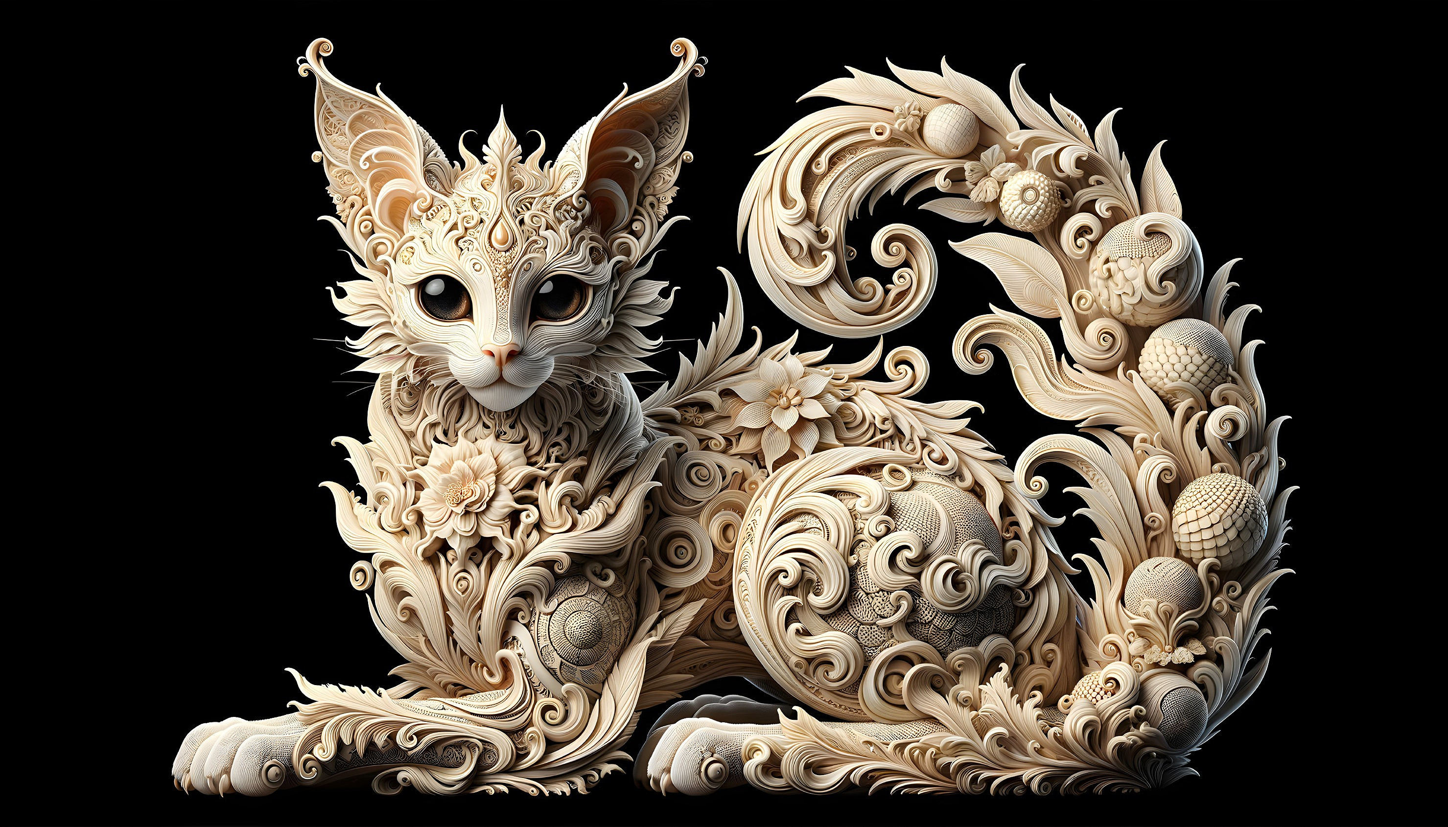 Intricate Cat Sculpture with Floral Patterns on Cream Material