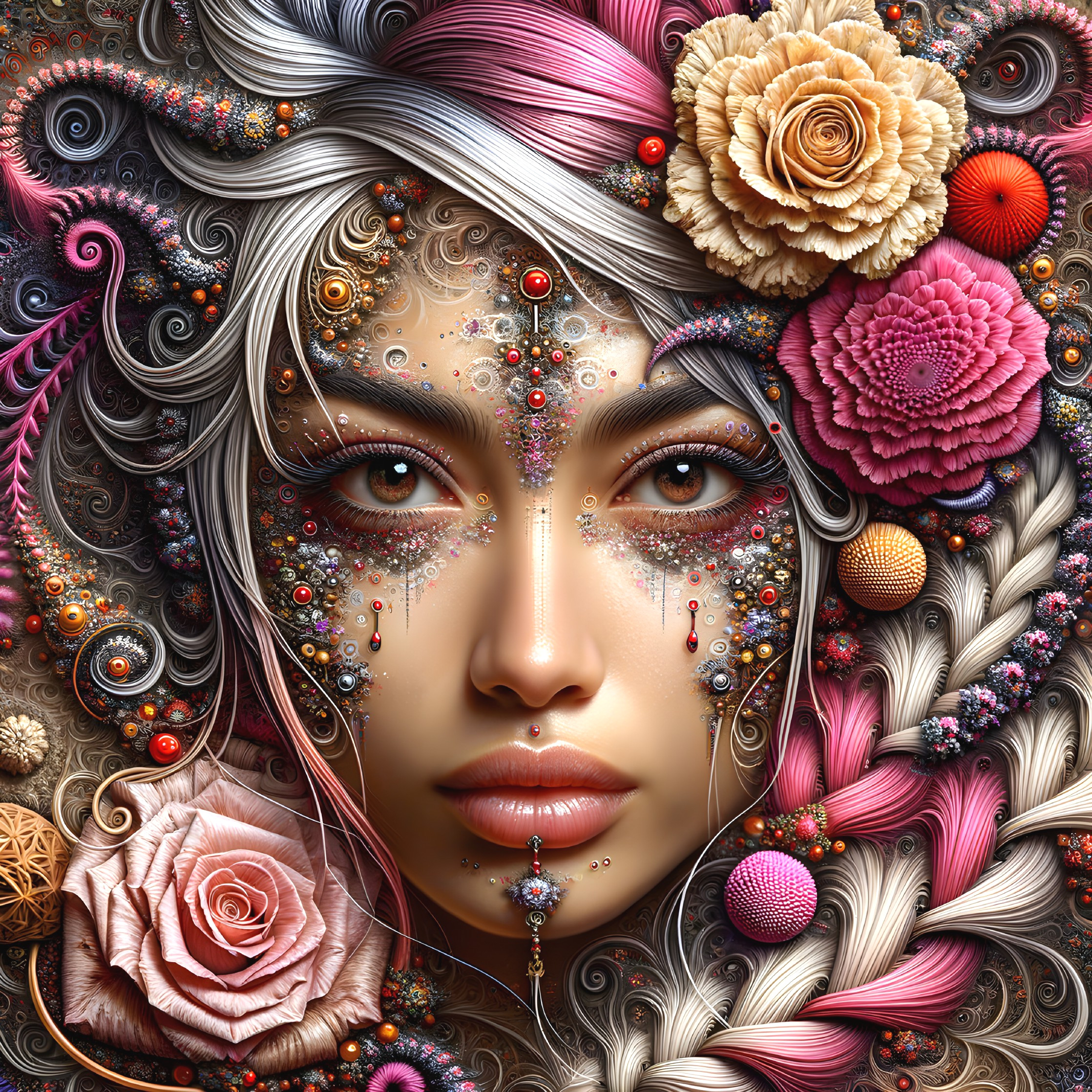 Artistic Representation of Woman with Floral and Mechanical Elements
