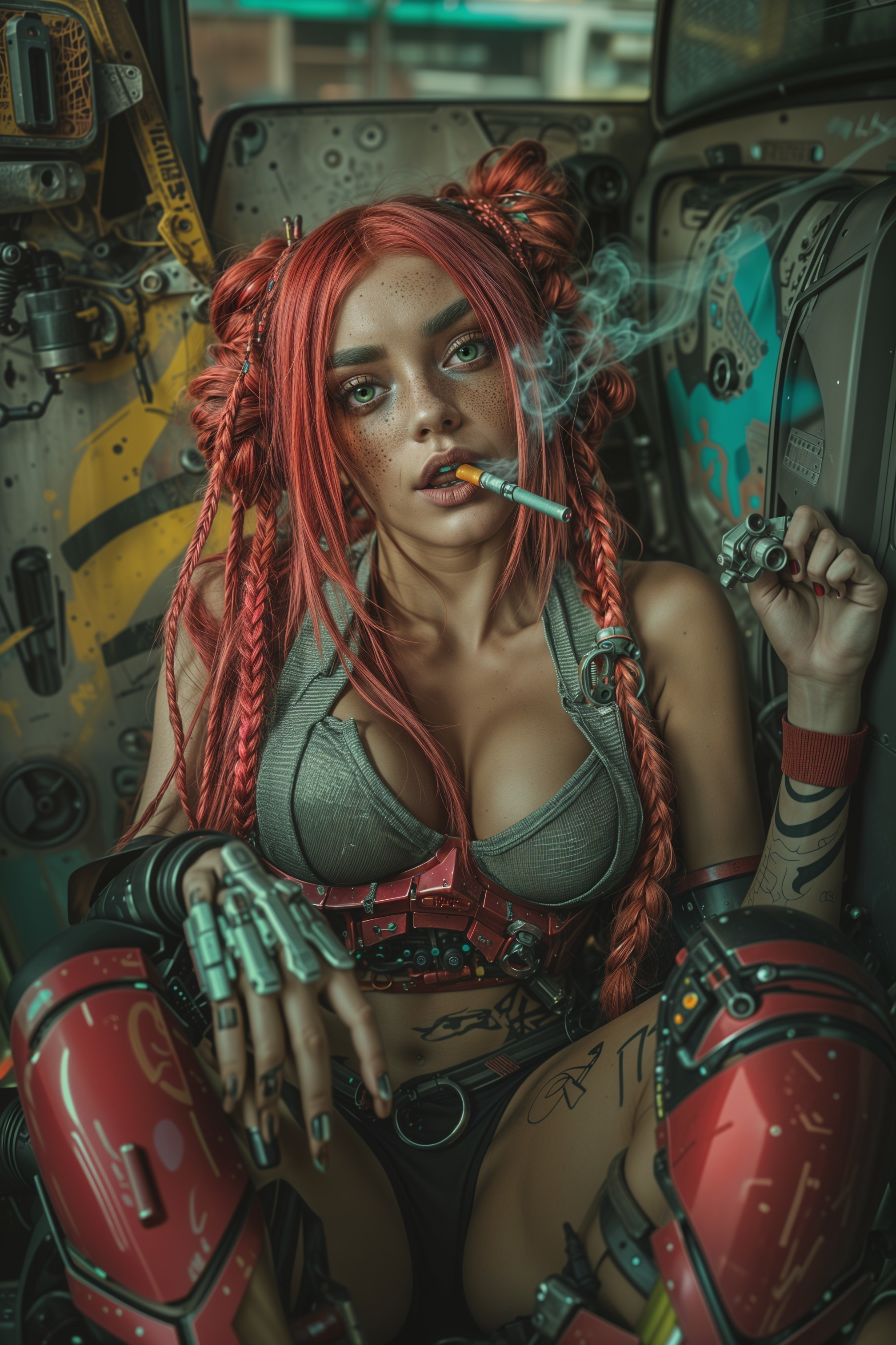 Futuristic cyberpunk warrior among industrial machinery