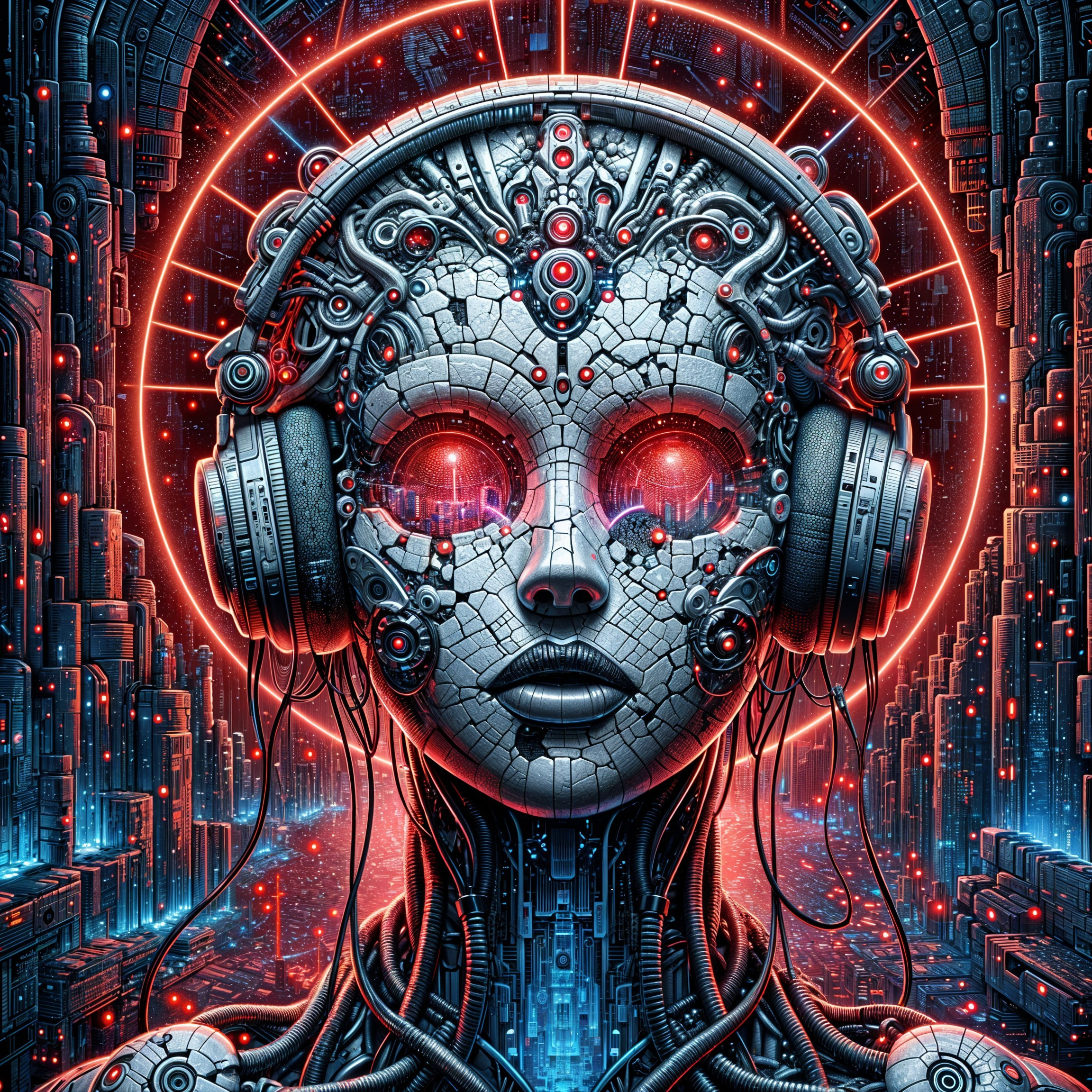 Futuristic humanoid figure with cybernetic features
