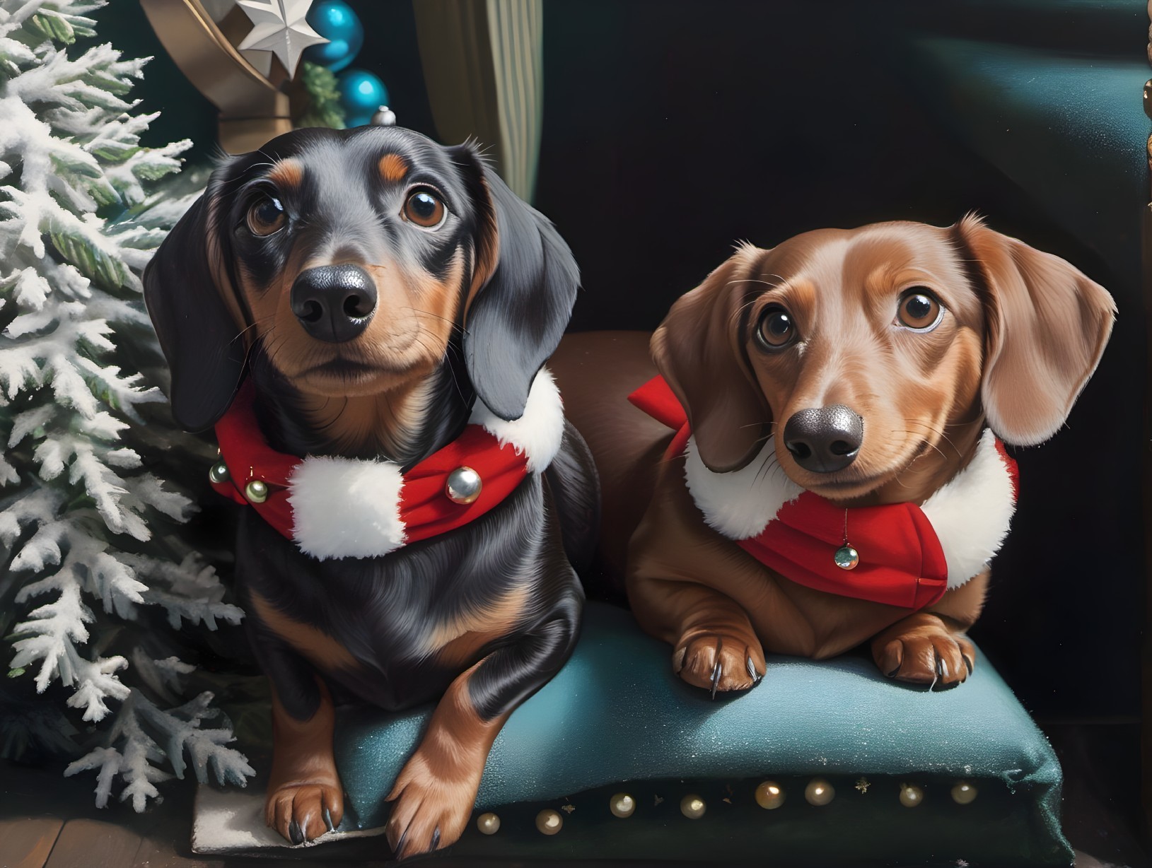 Two festive dachshunds by Christmas tree with curious expressions